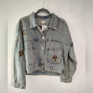 POL Oversized Leopard Star Distressed Denim Jacket